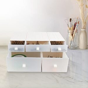 EYMPEU Stackable Drawers 5 Set White for Home Office and Desktop Storage, Frosted Plastic Makeup Storage and Bathroom Organizers, Mixed Sizes Combination