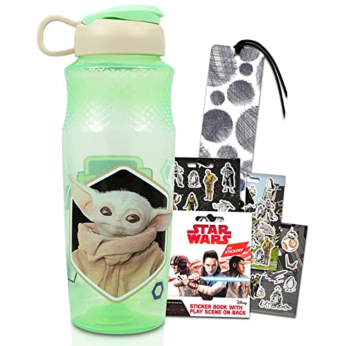 Classic Disney Star Wars Baby Yoda 30oz Water Bottle For Kids, Adults Bundle ~ Baby Yoda Refillable Bottle For Mandalorian School Supplies, Sports, Office With Star Wars Stickers And Rey Book Mark