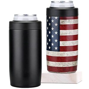 2 pack slim can cooler, 4-in-1 can insulator for 12 oz beer & soda, double wall stainless steel can sleeves keep your beverages cold (american flag&black)