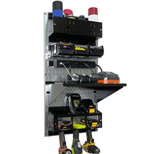 wall control power tool storage organizer kit cordless drill holder charging station rack 16” x 32” metal pegboard organization system (metallic pegboard)