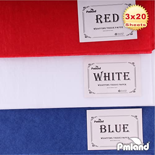 PMLAND Premium Quality Gift Wrapping Paper - Patriotic Red Blue White Assorted - 20 Inches x 26 Inches 60 Sheets