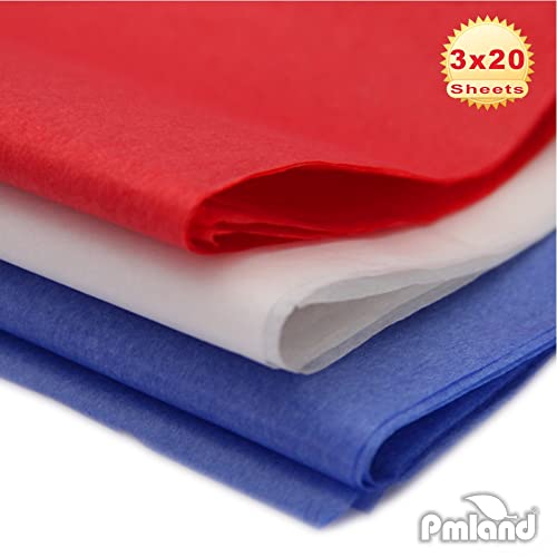 PMLAND Premium Quality Gift Wrapping Paper - Patriotic Red Blue White Assorted - 20 Inches x 26 Inches 60 Sheets