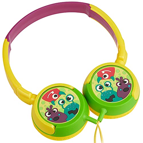 Volkano Wired Kids Headphones with Hearing Protection, Padded Lightweight Kiddy Headset, 85 dB Safe for Children, Girls/Boys, E-Learning, Travel, PC, Cellphones [Yellow/Green] Monster Kiddies Series