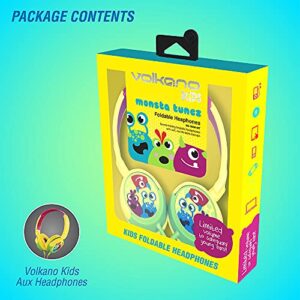 Volkano Wired Kids Headphones with Hearing Protection, Padded Lightweight Kiddy Headset, 85 dB Safe for Children, Girls/Boys, E-Learning, Travel, PC, Cellphones [Yellow/Green] Monster Kiddies Series