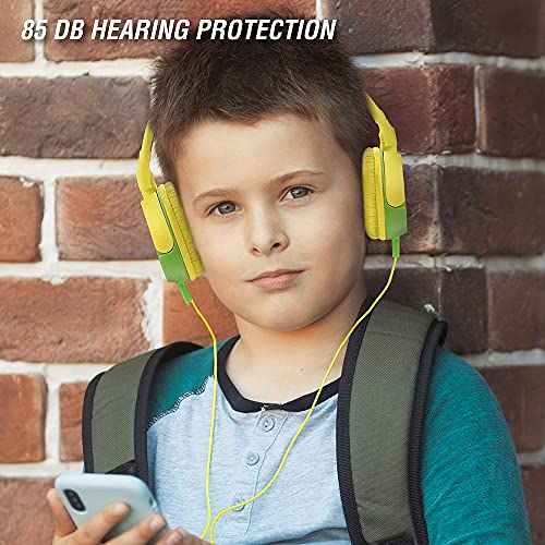 Volkano Wired Kids Headphones with Hearing Protection, Padded Lightweight Kiddy Headset, 85 dB Safe for Children, Girls/Boys, E-Learning, Travel, PC, Cellphones [Yellow/Green] Monster Kiddies Series