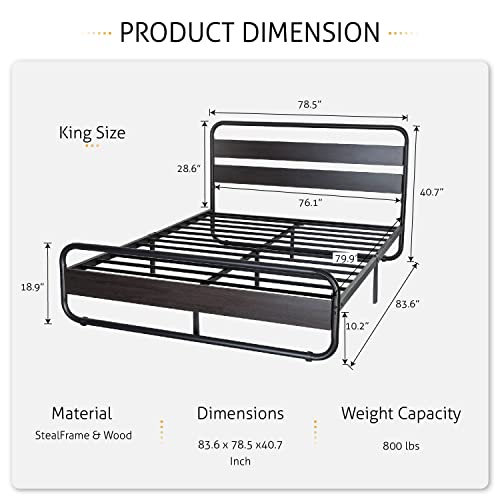 SHA CERLIN King Size Platform Bed Frame with Wooden Headboard and Footboard, Heavy Duty Metal Bed Frame with 10" Under-Bed Storage, Noise-Free, No Box Spring Needed, Black