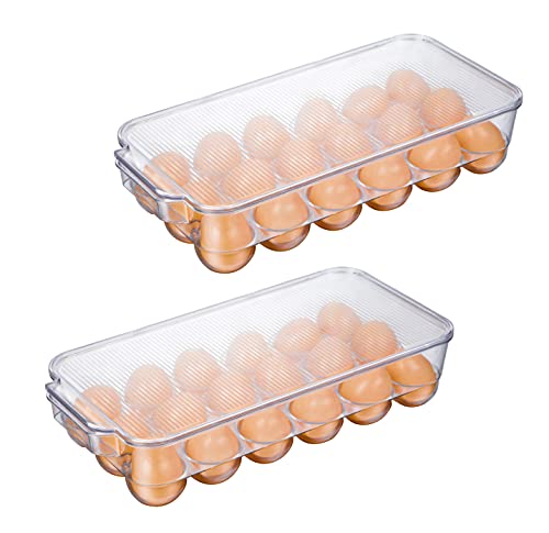 JINAMART Stackable Plastic Egg Holder for Refrigerator, Fridge Fresh Eggs Organizer Tray with Lid & Handles, Deviled Egg Storage Drawer for Countertop, Containers, Stores 18 Egg, Clear (Set of 2)