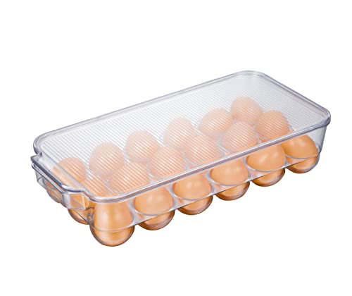 JINAMART Stackable Plastic Egg Holder for Refrigerator, Fridge Fresh Eggs Organizer Tray with Lid & Handles, Deviled Egg Storage Drawer for Countertop, Containers, Stores 18 Egg, Clear (Set of 2)