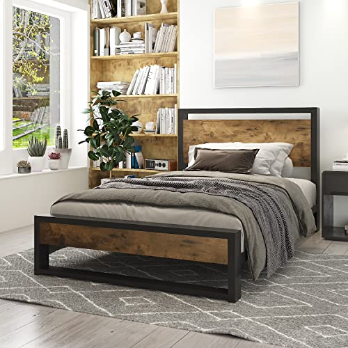 IMUsee Twin Bed Frame with Wood Headboard, Rustic Farmhouse Twin Platform Bed Frame for Kids with Heavy Duty Strong Metal Slats Support, Modern Bed Framework, No Box Spring Needed, Easy Assembly