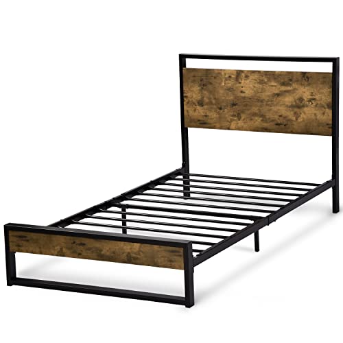 IMUsee Twin Bed Frame with Wood Headboard, Rustic Farmhouse Twin Platform Bed Frame for Kids with Heavy Duty Strong Metal Slats Support, Modern Bed Framework, No Box Spring Needed, Easy Assembly