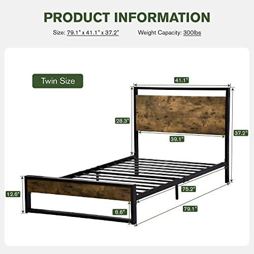 IMUsee Twin Bed Frame with Wood Headboard, Rustic Farmhouse Twin Platform Bed Frame for Kids with Heavy Duty Strong Metal Slats Support, Modern Bed Framework, No Box Spring Needed, Easy Assembly