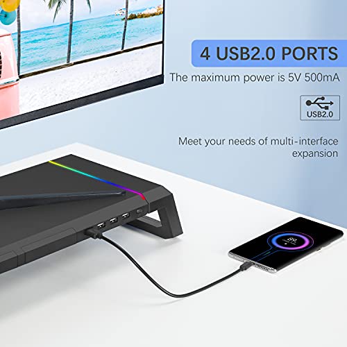 MOOJAY Monitor Stand for Desk RGB Gaming Lights with 4 USB 2.0, Foldable Computer Screen Riser with Storage Drawer and Phone Holder, Desk Organizer Laptop Stands Shelf, for PC/Laptop/iMac - Black