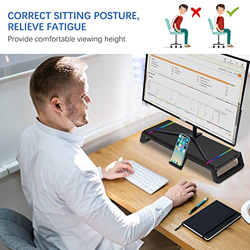 MOOJAY Monitor Stand for Desk RGB Gaming Lights with 4 USB 2.0, Foldable Computer Screen Riser with Storage Drawer and Phone Holder, Desk Organizer Laptop Stands Shelf, for PC/Laptop/iMac - Black