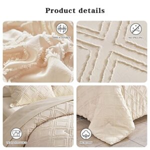 7 Pieces Tufted Bed in a Bag Queen Comforter Set with Sheets Beige, Soft and Embroidery Shabby Chic Boho Bohemian, Luxury Solid Color with Diamond Pattern, Jacquard Tufts Bedding Set for All Season