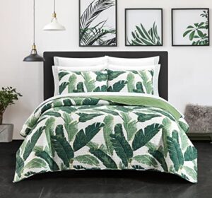 chic home palm springs 9 piece quilt set stitched palm tree print bed in a bag - sheet set decorative pillow shams included, queen, green