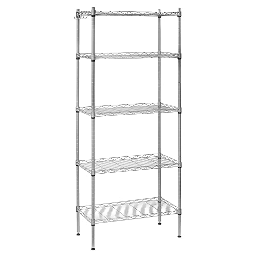 OSGP 5 Shelf Storage Rack Heavy Duty Metal Organizer Storage Shelf Adjustable Wire Rack Steel Organizer with Leveling Feet, Hooks and Wire Shelf Liners, Silver(23.6L x 12.6W x 59.1H)