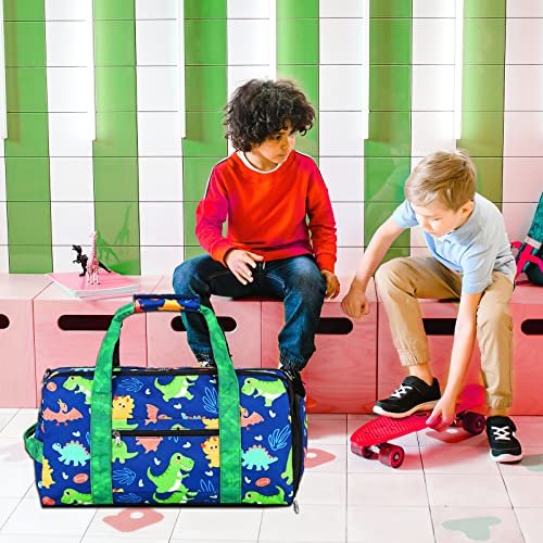 LOIDOU Duffle Bag for Boys Sport Gym Bag Kids Overnight Bag Girls Weekender Bag with Wet Pocket & Shoe Compartment (Dinosaur Navy)