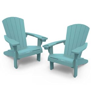 keter alpine adirondack 2 pack resin outdoor furniture patio chairs with cup holder-perfect for beach, pool, and fire pit seating, teal