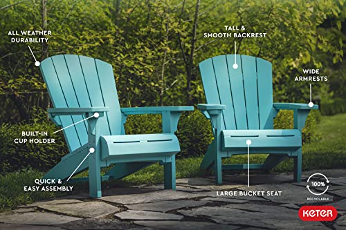 Keter Alpine Adirondack 2 Pack Resin Outdoor Furniture Patio Chairs with Cup Holder-Perfect for Beach, Pool, and Fire Pit Seating, Teal