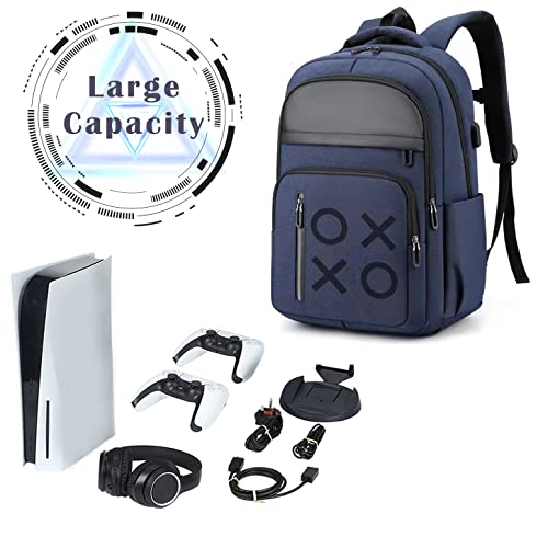YB-OSANA Gaming Console Backpack Travel Carrying Case with USB Port Multiple Pockets for PS5/Controllers/Gaming Accessories (Blue)