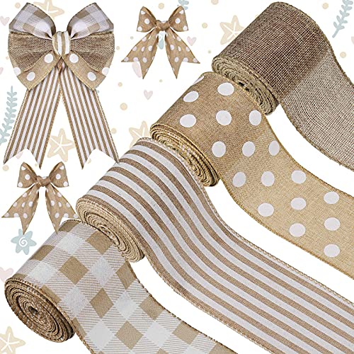 4 Rolls Burlap Fabric Ribbon Burlap Edge Ribbon White Dot Plaid Stripe Ribbon Rustic Farmhouse Craft Ribbon for DIY Present Wrapping Wreath Floral Bow Craft Decor, 2.5 Inch x 20 Yard (Gray)