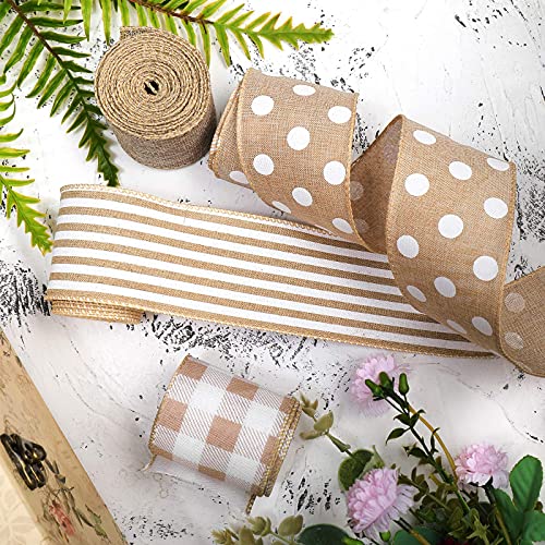 4 Rolls Burlap Fabric Ribbon Burlap Edge Ribbon White Dot Plaid Stripe Ribbon Rustic Farmhouse Craft Ribbon for DIY Present Wrapping Wreath Floral Bow Craft Decor, 2.5 Inch x 20 Yard (Gray)