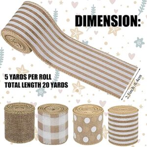 4 Rolls Burlap Fabric Ribbon Burlap Edge Ribbon White Dot Plaid Stripe Ribbon Rustic Farmhouse Craft Ribbon for DIY Present Wrapping Wreath Floral Bow Craft Decor, 2.5 Inch x 20 Yard (Gray)