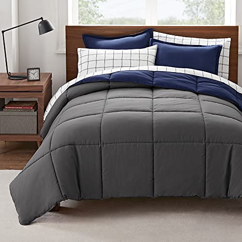 Serta Simply Clean Fluffy 5 Piece Hypoallergenic Reversible Bed in a Bag, Twin/Twin XL, Navy