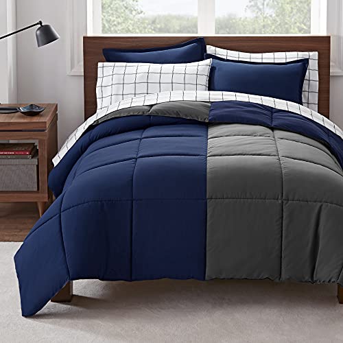 Serta Simply Clean Fluffy 5 Piece Hypoallergenic Reversible Bed in a Bag, Twin/Twin XL, Navy