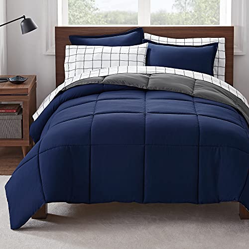 Serta Simply Clean Fluffy 5 Piece Hypoallergenic Reversible Bed in a Bag, Twin/Twin XL, Navy