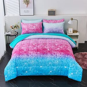 inron pink glitter comforter sets for teen girls, twin size 4-pieces bed in a bag, ultra soft microfiber comforter and sheet sets, all season durable bedding set(colorful,twin)