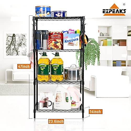 EZPEAKS 4-Shelf Shelving Unit with 8 Hooks and 4-Shelf Liners, NSF Certified, Adjustable Metal Wire Shelves, Shelving Rack and Storage for Kitchen Laundry Bathroom Pantry Closet(23.6W x 14D x 47H)