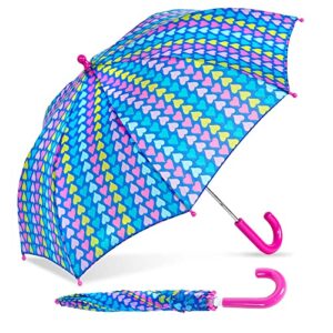 shedrain multicolored heart striped kids umbrella - pinch-proof, easy grip handle - compact children's school & travel umbrella with large 33" arc, heavy duty steel shaft & fiberglass ribs