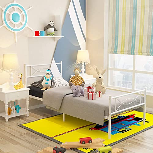 GIME Twin Bed Frames with headboard for Girls Boys Adults Teenagers, Twin Size Bed Frame Single Platform Beds with Storage for Student, Easy Assembly, No Box Spring Needed, White