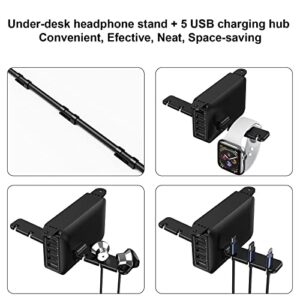 PC Gaming Headphone Headset Holder Hanger Hook Stand, HORUMP Dual Headphone Stand Under Desk with 5 Ports USB Charging Station, Suitable for Gamer Earphone Accessories as Boyfriend, Son, Husband Gifts