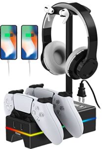 ps5 controller charger, hiree rgb ps5 controller charging station with 2 usb charging ports, headphone stand, compatible with sony playstation 5 dualsense controller