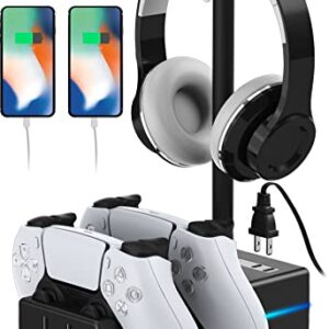 PS5 Controller Charger, Hiree RGB PS5 Controller Charging Station with 2 USB Charging Ports, Headphone Stand, Compatible with Sony Playstation 5 Dualsense Controller