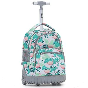 new tilami rolling backpack for kids, 16 inch wheeled laptop backpack for boys girls school travel trip bag, flamingo