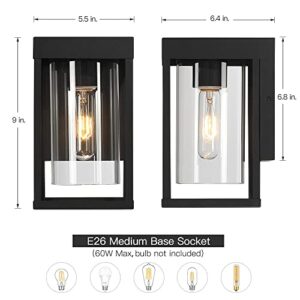 LAMPRESSION 2-Pack Black Outdoor Wall Light Fixtures, Exterior Waterproof Wall Lantern Sconce, 9" H Outdoor Porch Light Wall Mount with Clear Glass Shade