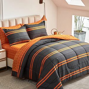 flysheep boho striped bed in a bag 6 pieces twin size, ombre bright orange stripes on black comforter sheet set (1 comforter, 1 flat sheet, 1 fitted sheet, 2 pillow shams, 1 pillowcase)