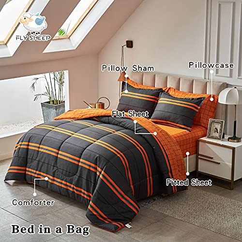 FlySheep Boho Striped Bed in a Bag 6 Pieces Twin Size, Ombre Bright Orange Stripes on Black Comforter Sheet Set (1 Comforter, 1 Flat Sheet, 1 Fitted Sheet, 2 Pillow Shams, 1 Pillowcase)