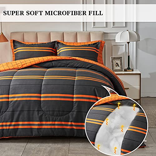 FlySheep Boho Striped Bed in a Bag 6 Pieces Twin Size, Ombre Bright Orange Stripes on Black Comforter Sheet Set (1 Comforter, 1 Flat Sheet, 1 Fitted Sheet, 2 Pillow Shams, 1 Pillowcase)