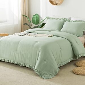 andency sage green ruffle comforter full(79x90inch), 3 pieces(1 ruffled comforter and 2 pillowcases) vintage ruffle fringe comforter, farmhouse rustic microfiber down alternative bedding comforter set
