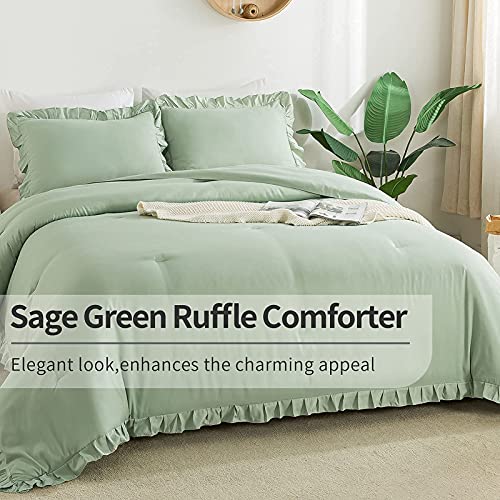 Andency Sage Green Ruffle Comforter Full(79x90Inch), 3 Pieces(1 Ruffled Comforter and 2 Pillowcases) Vintage Ruffle Fringe Comforter, Farmhouse Rustic Microfiber Down Alternative Bedding Comforter Set