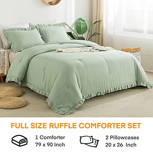 Andency Sage Green Ruffle Comforter Full(79x90Inch), 3 Pieces(1 Ruffled Comforter and 2 Pillowcases) Vintage Ruffle Fringe Comforter, Farmhouse Rustic Microfiber Down Alternative Bedding Comforter Set