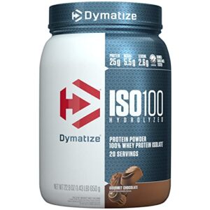 dymatize iso100 hydrolyzed protein powder, 100% whey isolate , 25g of protein, 5.5g bcaas, gluten free, fast absorbing, easy digesting, gourmet chocolate, 20 servings