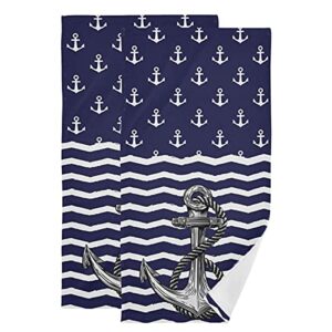 anchor bath hand towel 2 pcs absorbent nautical white stripe hand towels sea anchors navy blue face towel soft breathable anchor fingertip towel for bathroom kitchen hotel spa decor gift 28.3x14.4in