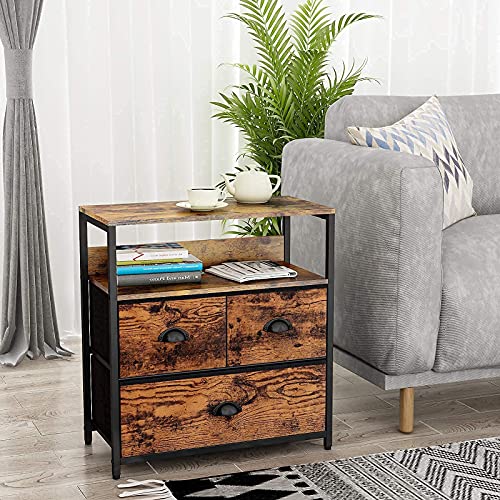 Furologee Vertical 4 Drawer Dresser with Shelves, and 3 Drawer Nightstand, Fabric Storage Tower Unit, Sturdy Metal Frame Furniture,Removable Brown Fabric Bins for Bedroom,entryway,Office
