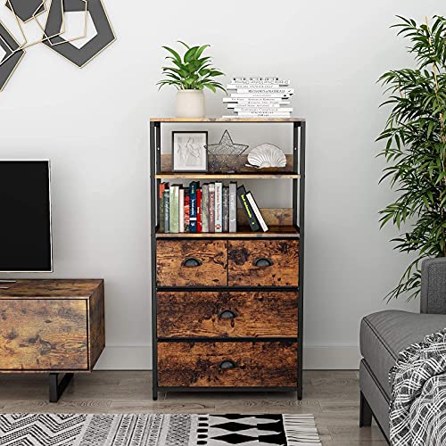 Furologee Vertical 4 Drawer Dresser with Shelves, and 3 Drawer Nightstand, Fabric Storage Tower Unit, Sturdy Metal Frame Furniture,Removable Brown Fabric Bins for Bedroom,entryway,Office