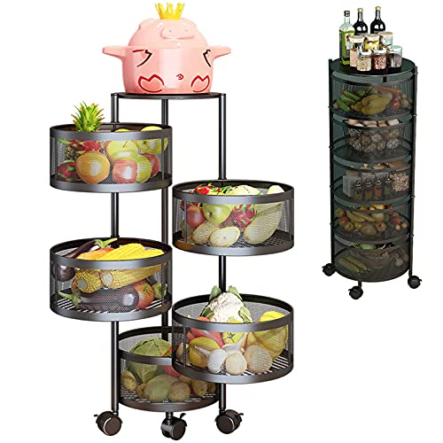 BotaBay Round Rotating Multi-Layer Kitchen Storage Shelf, 5 Tier Fruit Vegetable Storage Basket, Kitchen Storage Rack Floor Standing, Movable Household Storage Rack for Kitchen Living Room Toilet